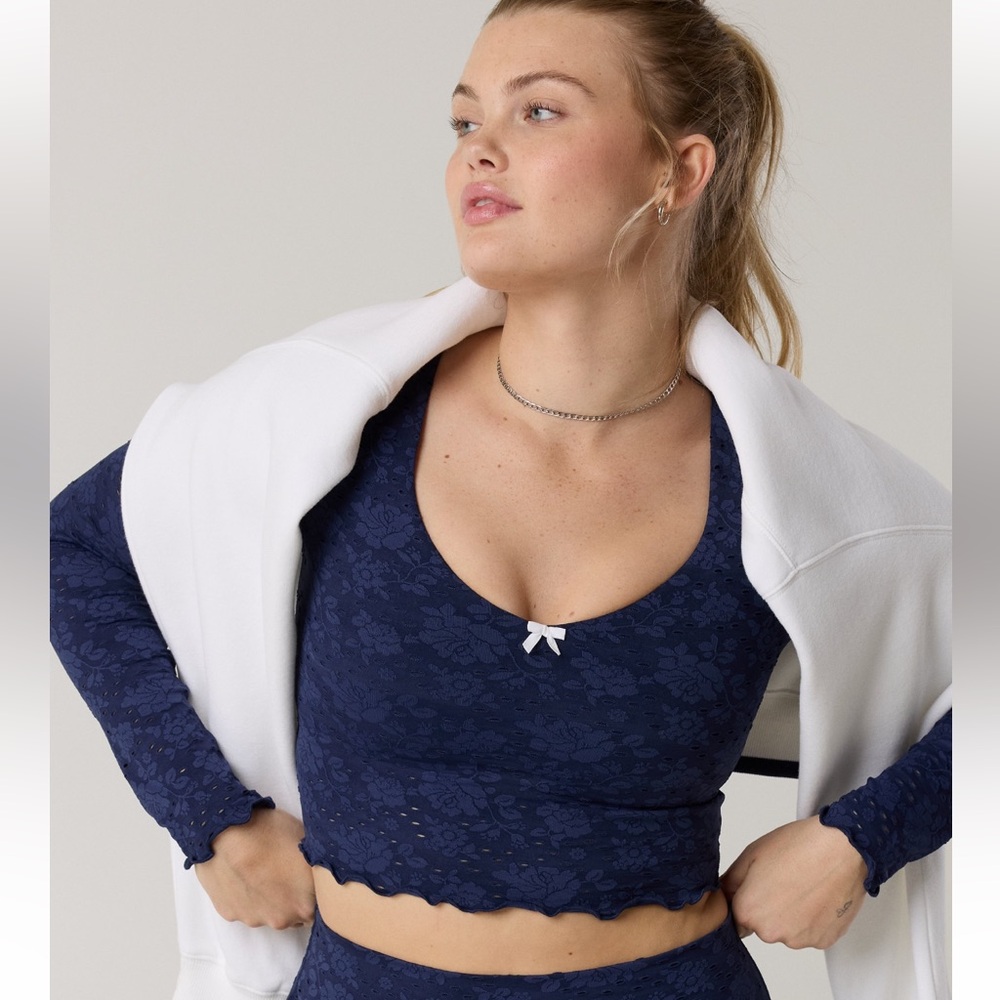 Offline by Aerie Navy Blue Lace Long Sleeve Crop Top